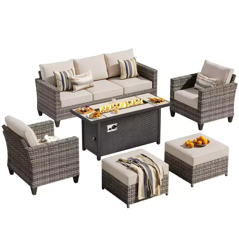 HOMLUX Outdoor 6-Piece Sofa Set w/ 54 Fire Pit Table, Gray Rattan & Easy-Clean Fabric