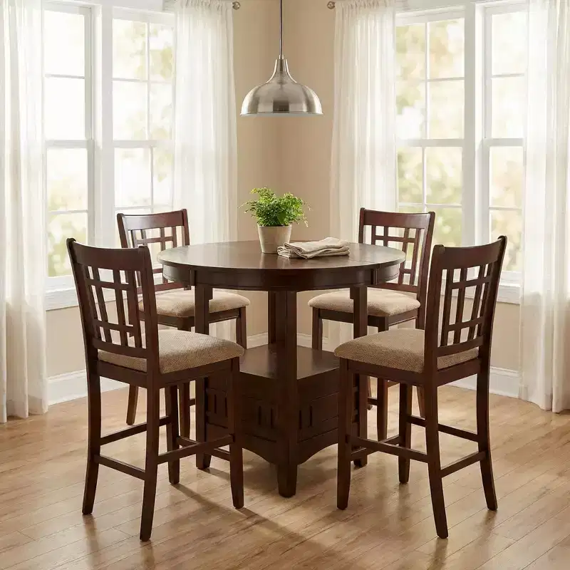Hudson Contemporary 5-Piece Wood Counter Height Round Dining Table with Leaf and 4 Upholstered Chairs