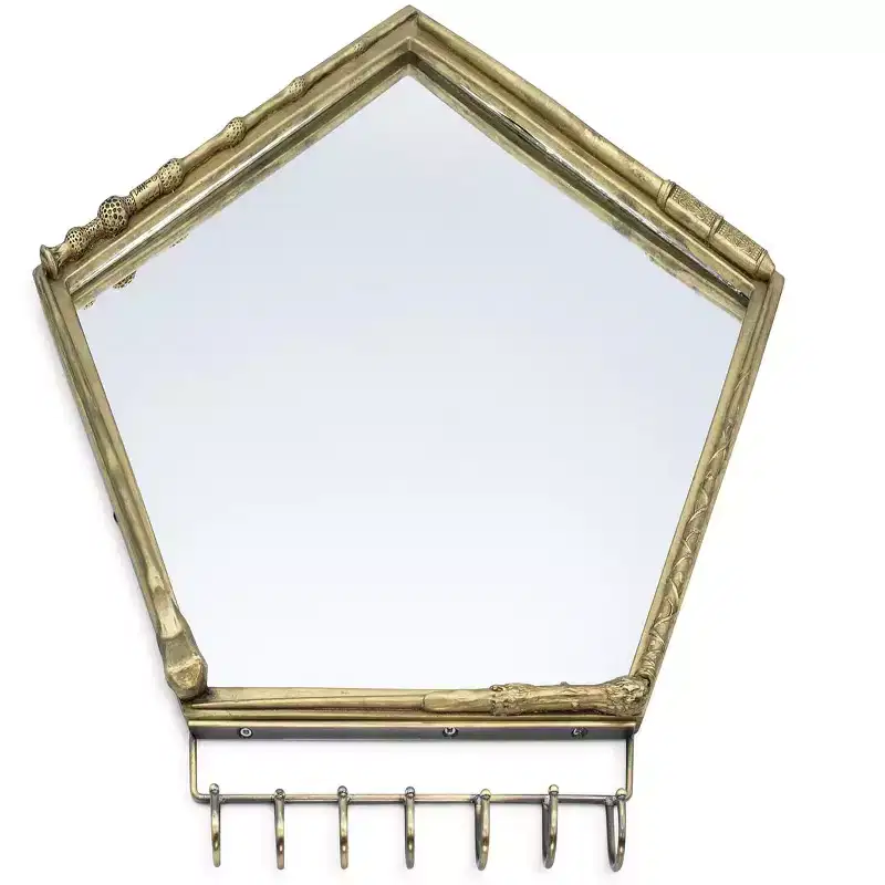 Pentagon Wall Mirror with Hooks and Decorative Wand Design