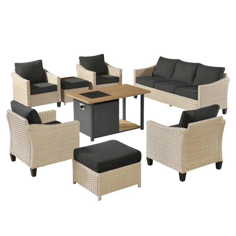 HOOOWOOO 8-piece Patio Wicker Rattan Conversation Set with Multifunctional Fire Pit Table