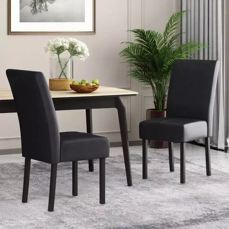 Faux Leather Upholstered Dining Chair with T-Stitching — Midnight Black / Espresso