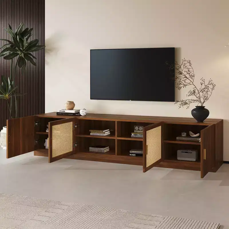 GDFStudio Eliana 78 Mid-Century Modern TV Stand with Rattan Doors & Adjustable Shelf