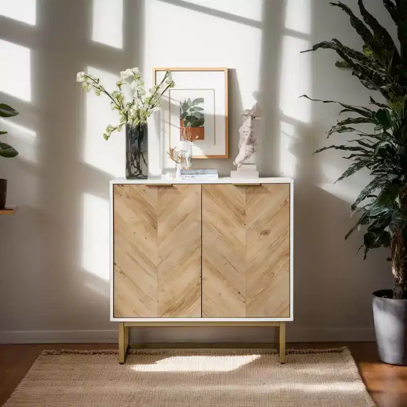 White and Gold Storage Cabinet with 2 Doors - Modern Buffet Sideboard, Elegant Accent Cabinet for Living Room