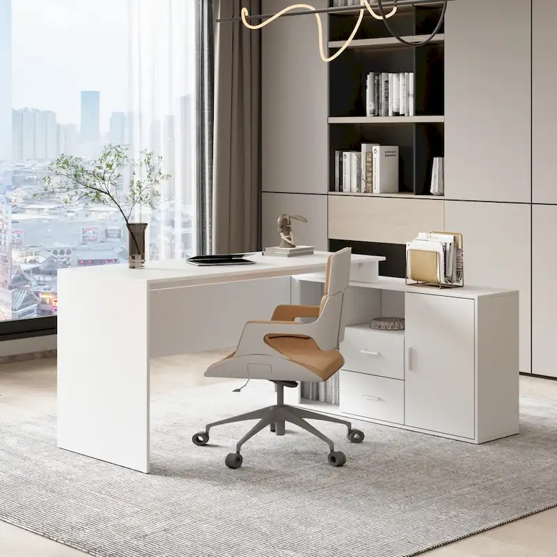 White L-Shaped Corner Computer Desk, 55-inch, 1-Person