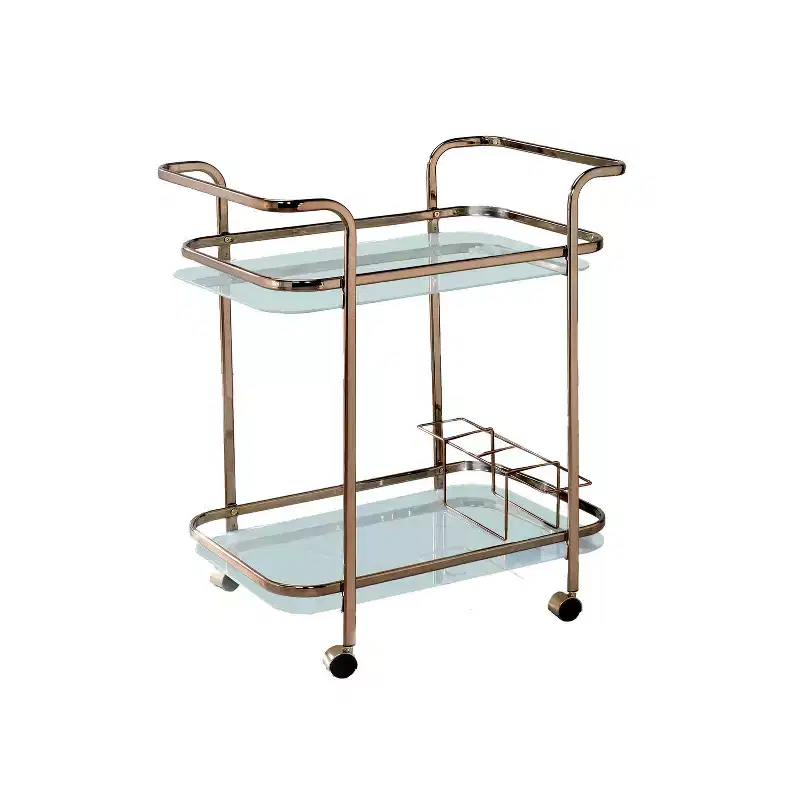 Champagne Glossy Metal & Glass 2-Shelf Serving Cart with Wheels