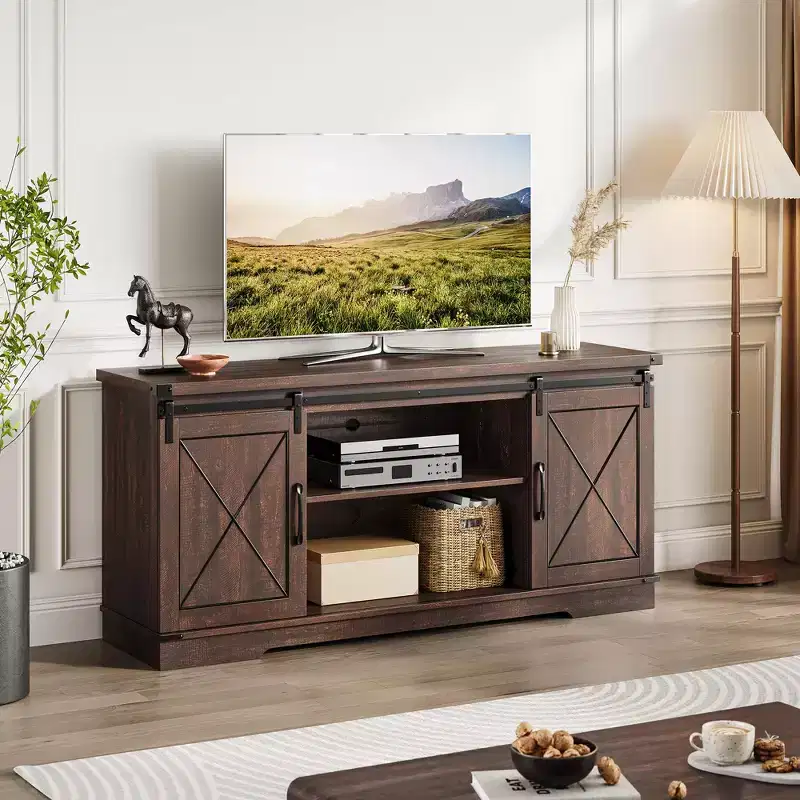 GustoWave Farmhouse TV Stand for TVs up to 65, Entertainment Center with Sliding Barn Doors & Adjustable Shelf for Living Room