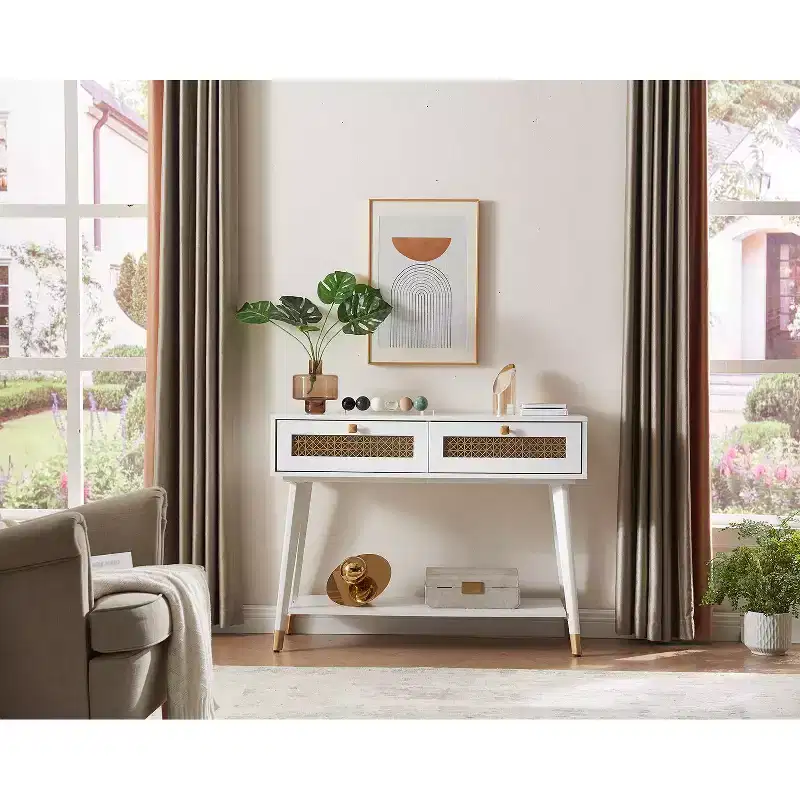 Sleek Modern Entryway Console Table with Drawers & Metal Shelf