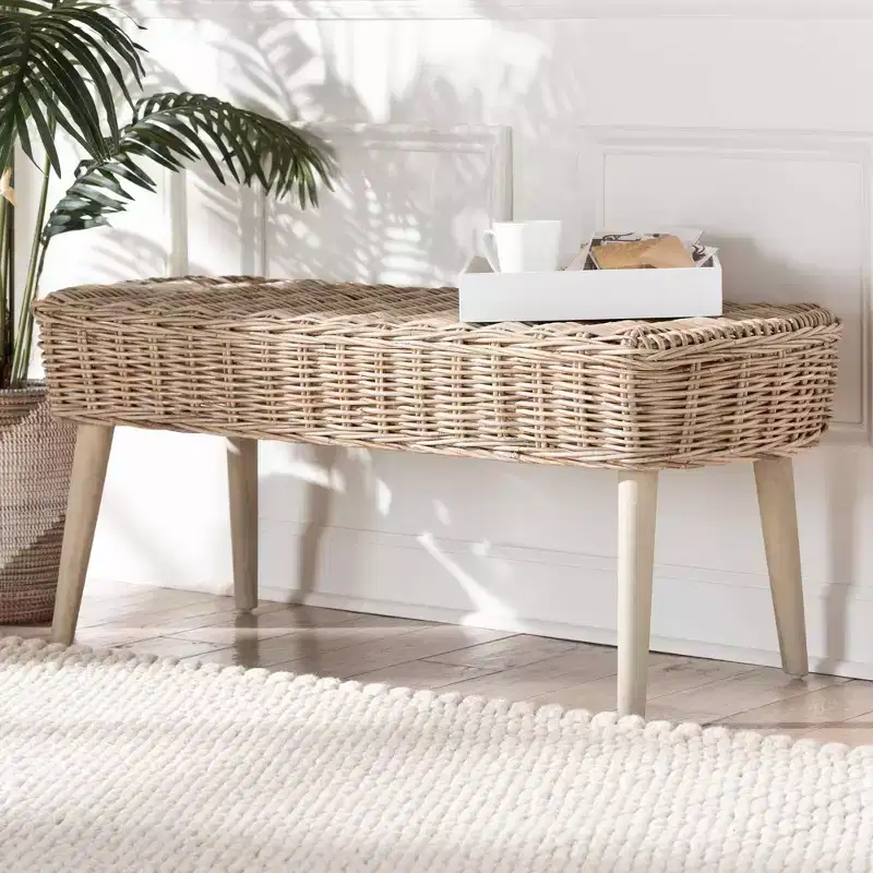 &  Natural Kubu Rattan and Acacia Wood Accent Bench Gray