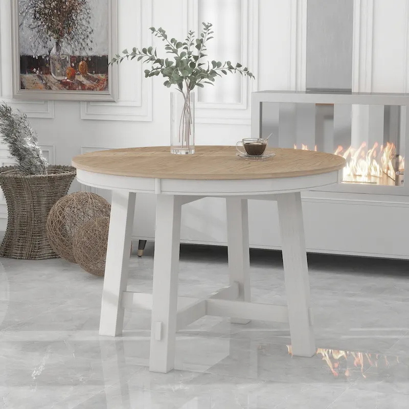 TREXM Farmhouse Round Extendable Dining Table with 16 Leaf Wood Kitchen Table