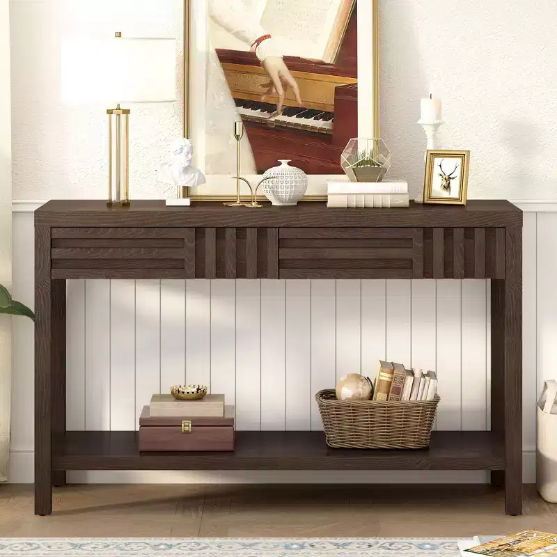 Okak 51.3IN Modern Console Table with Ash Veneer and Striped Design, Entryway Table with 2 Drawers, Hallway Table for Living Room, Foyer, Brown