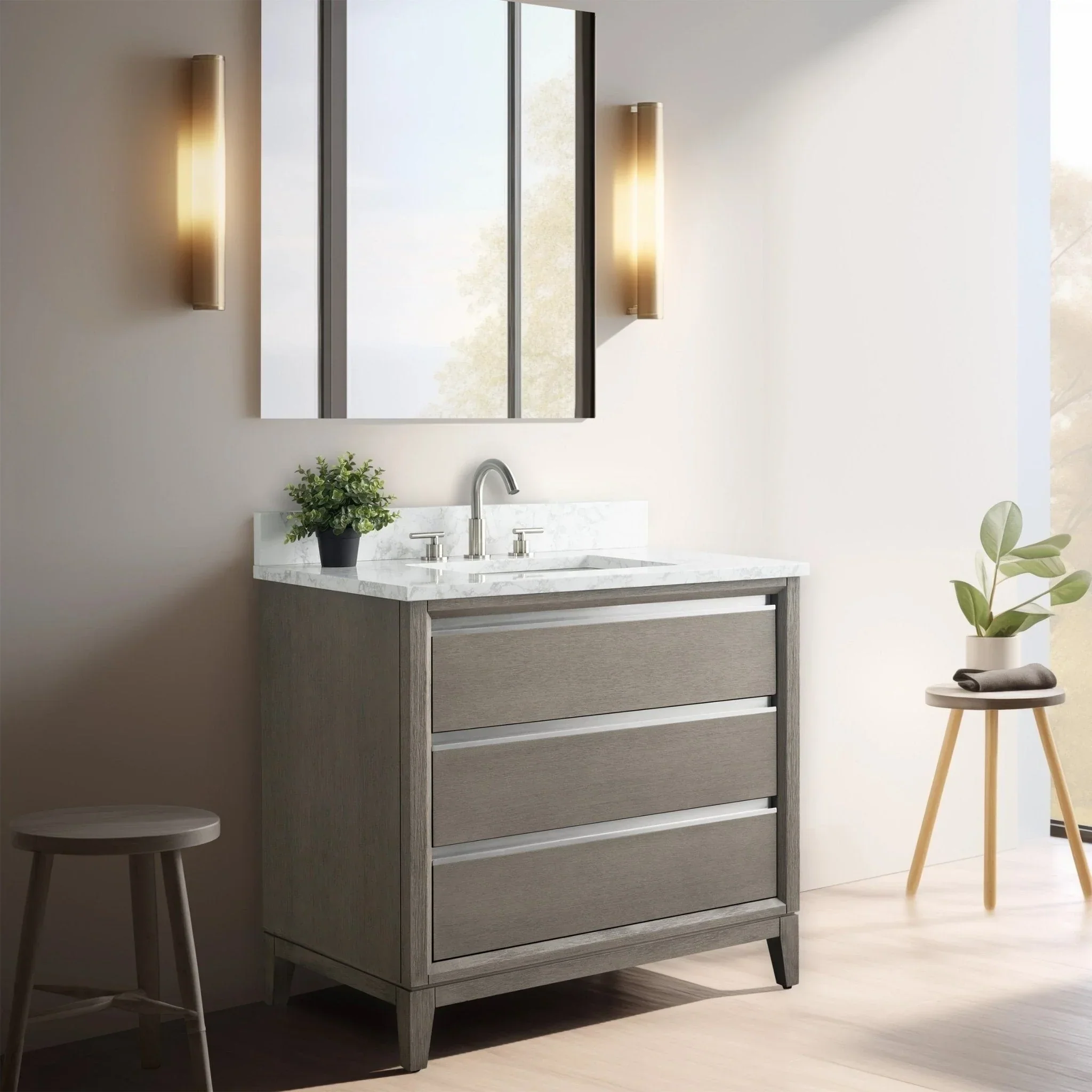 Vanity Art Bathroom Vanity with Ceramic Sink and Engineered Marble Top