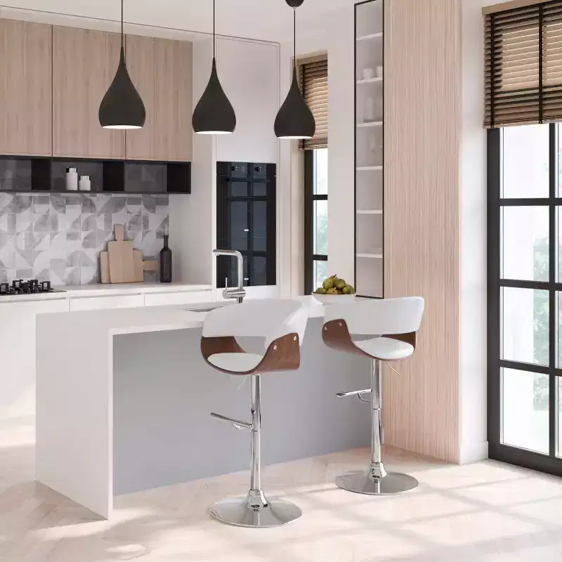 Adjustable Swivel Barstool, White Faux Leather, Foam Padded Back, Steel Legs, Counter to Bar Height