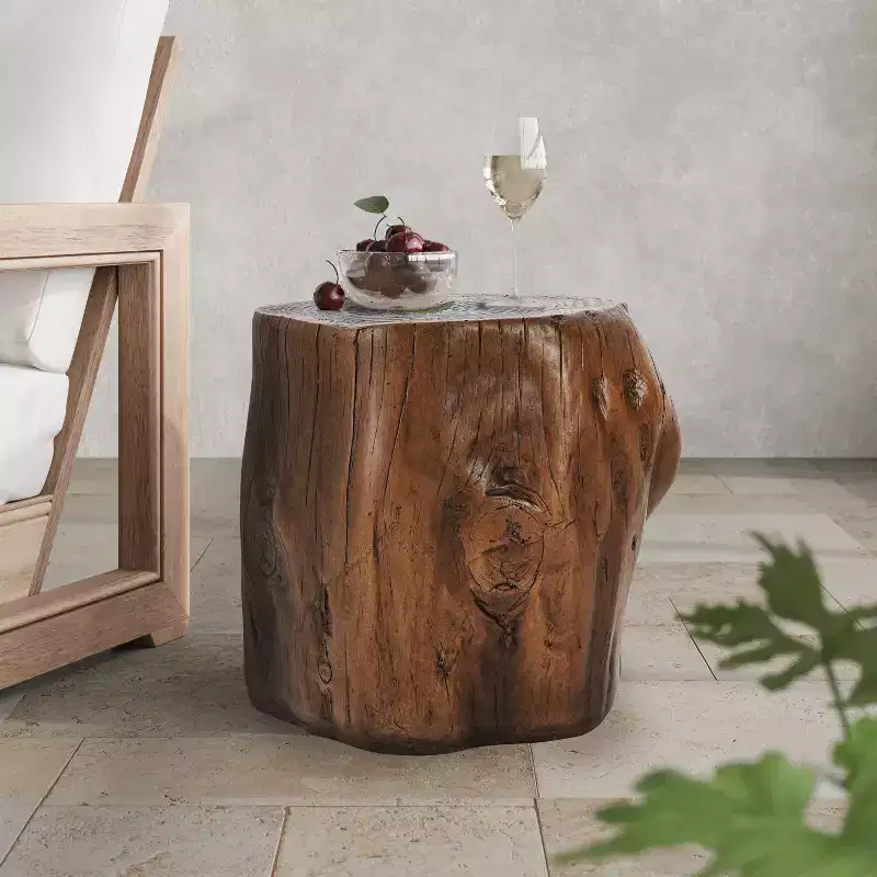 Christopher Knight Home Eamon Rustic Round Lightweight Concrete Patio Side Table with Tree-Stump Design