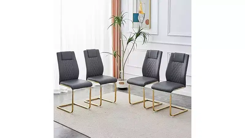 Dining Chairs Set of 6, Leather Upholstered Accent Chair with Metal Legs, Modern Comfortable Sponge Chair for Dining Room Living Room Grey