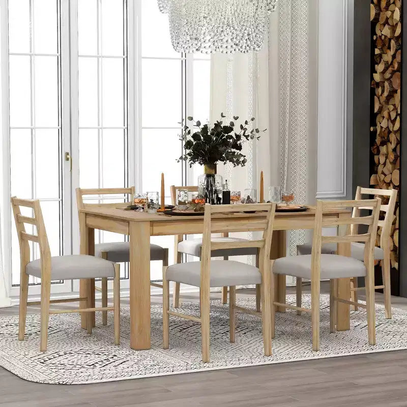 Whisen 7-Piece Wooden Dining Table Set Mutifunctional Extendable Table,12 Leaf and 2 Drawers, 6 Dining Chairs