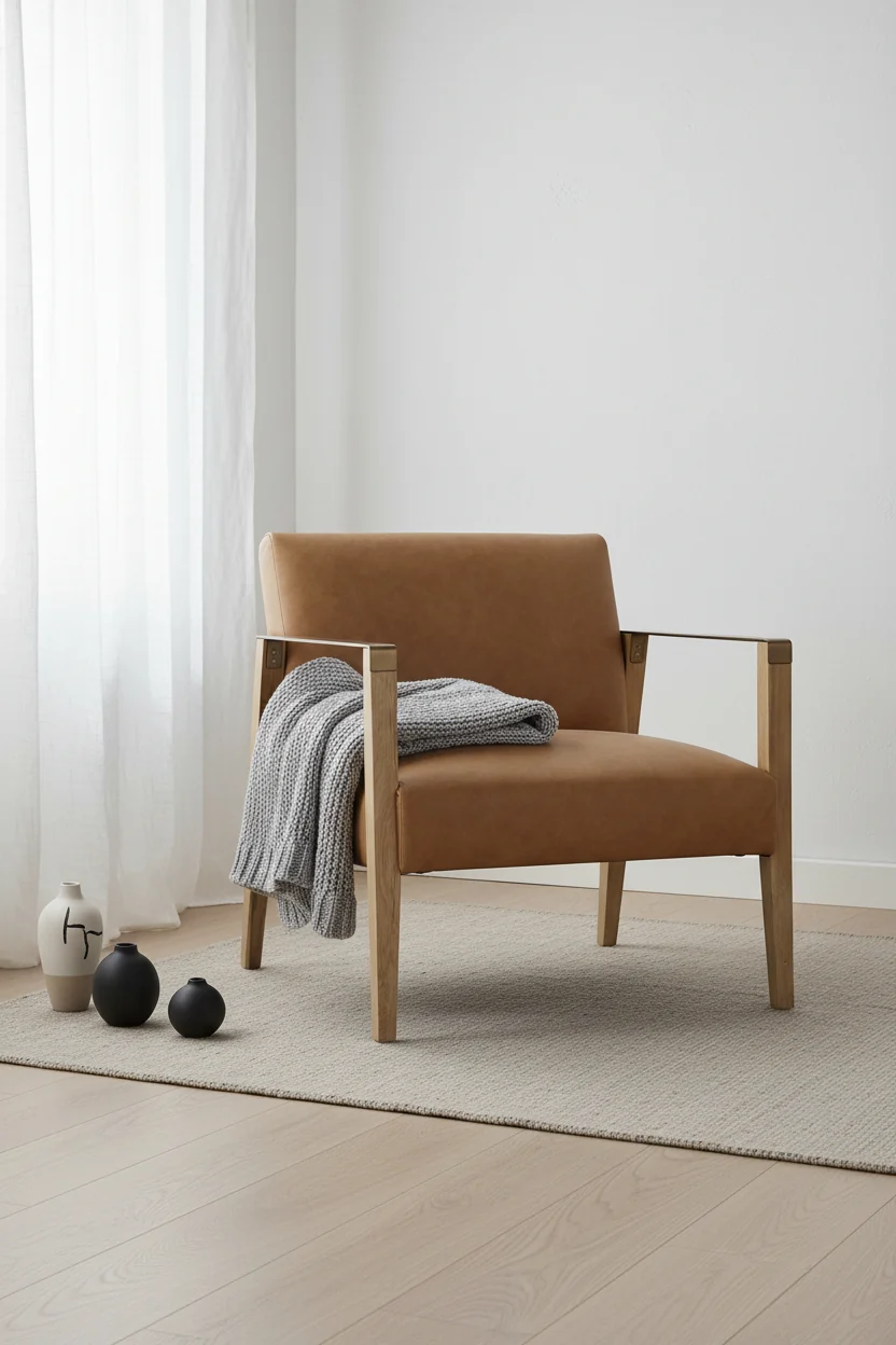 Modern Sesame Leather & Solid Rustic Oak Lounge Chair with Brass Steel Armrests for Living Room