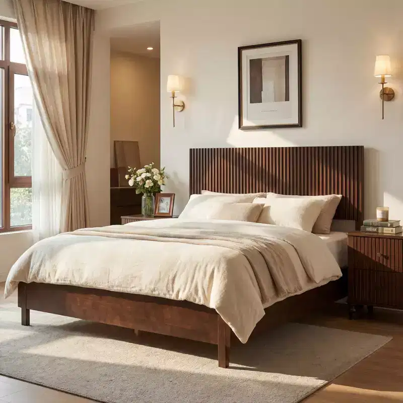 Queen/King Size Platform Bed Frame with Vertical Slat Headboard Modern Rustic Bed, No Box Spring Needed