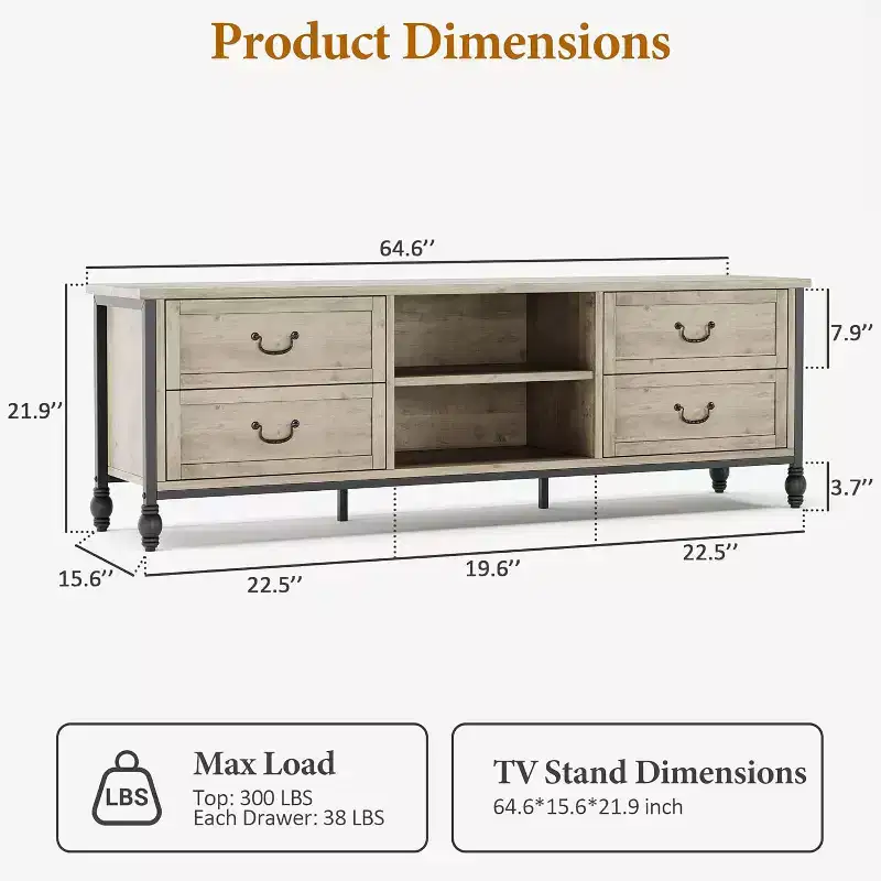 COZONY 65 Rustic Grey TV Stand, Mid Century Modern Entertainment Center for Living Room with Storage & Adjustable Shelves, Fits Up to 75 Inch TVs
