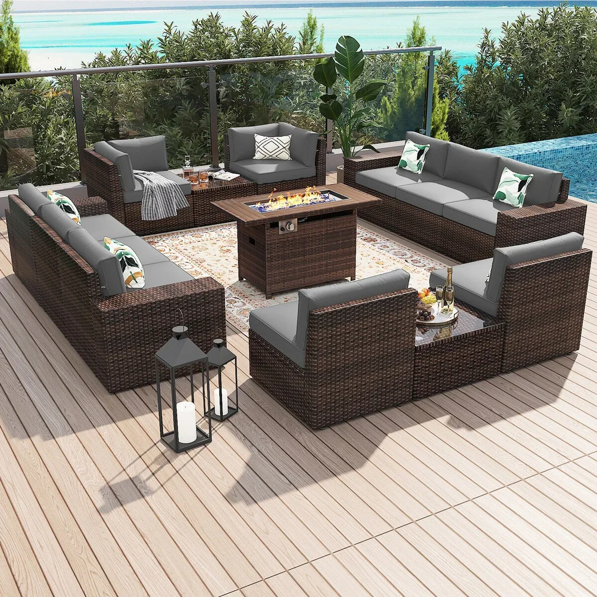 13 Pieces Patio Furniture Set with 44Fire Pit Table