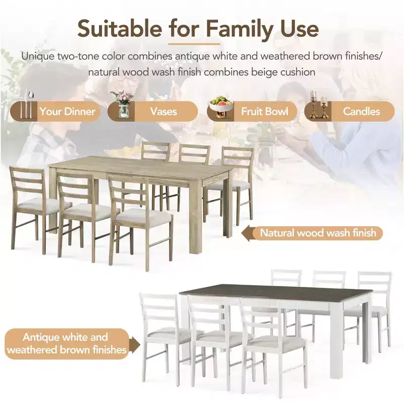 Whisen 7-Piece Wooden Dining Table Set Mutifunctional Extendable Table,12 Leaf and 2 Drawers, 6 Dining Chairs