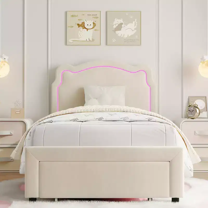 COZONY Twin Velvet Upholstered Bed Frame with Adjustable Headboard, Princess Platform Bed with Wooden Slats, No Box Spring Needed