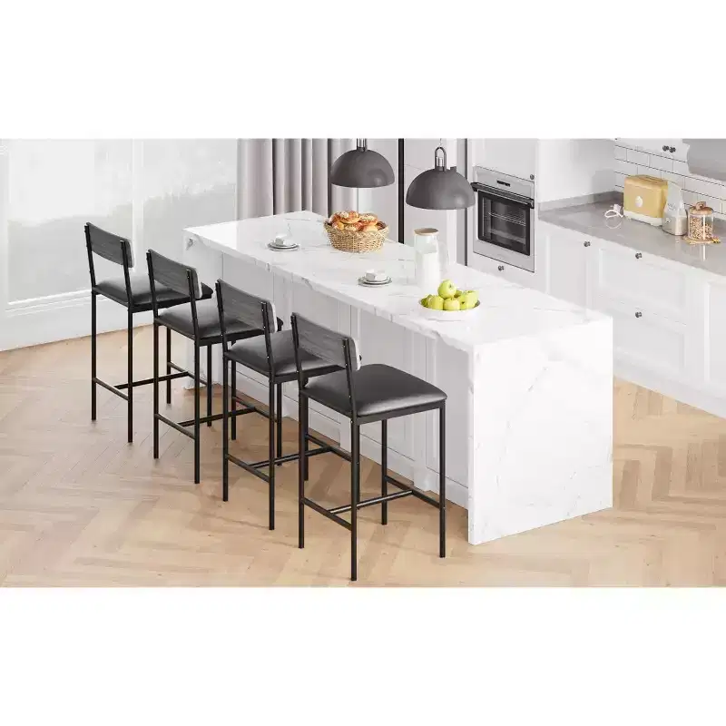 Bar Stools Set of 4, Upholstered Counter Height Stools with Backrest & Footrest, Kitchen Barstools for Island Counter, Easy Assembly, Rustic Gray