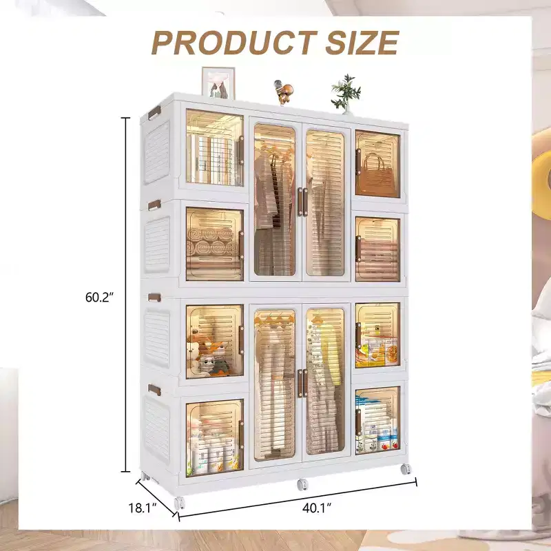 Children's Wardrobe - Foldable and easy-to-assemble wardrobe featuring 2 hanging rods and 8 storage bins, suitable for bedrooms and nurseries.