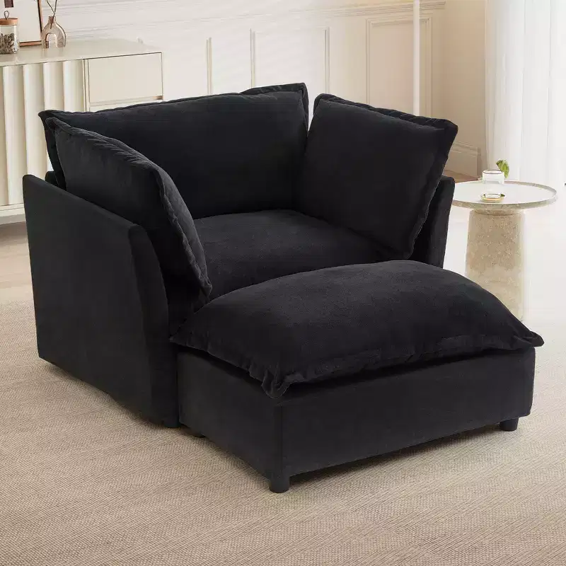 Chenille Armchair with Movable Ottoman, Wide Seat & Curved Armrests