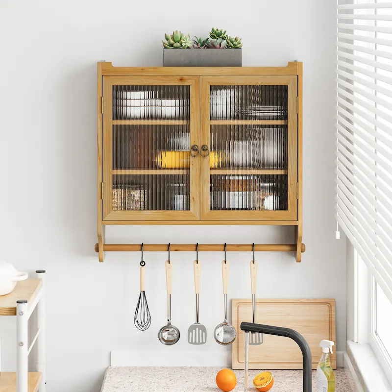 Glass Door Wall Cabinet With Three Tiers of Storage