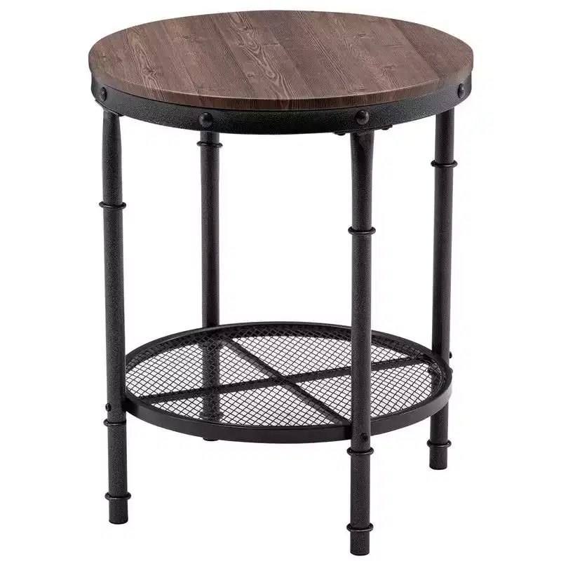 Double Layer Triamine Plate Iron Side Table Round Three-Dimensional Wood Grain Brown Background With Black Pattern