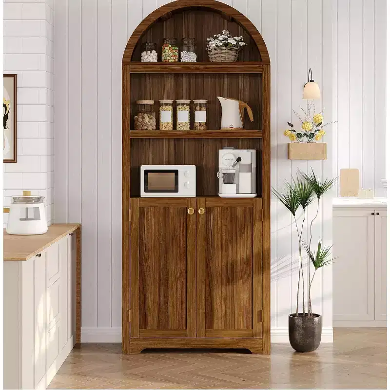 72 Inch High Arched Pantry with Doors, 5 Tier Kitchen Pantry with Adjustable Shelves and Gold Handles, Wood Dining Room Storage Cabinet