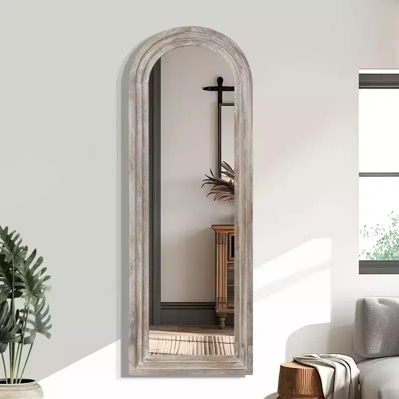 64x21 Arched Full Length Mirror Rustic Floor Mirror with Weathered White Solid Wood Frame Farmhouse Wall-Mounted Mirror for Bedroom Living Room
