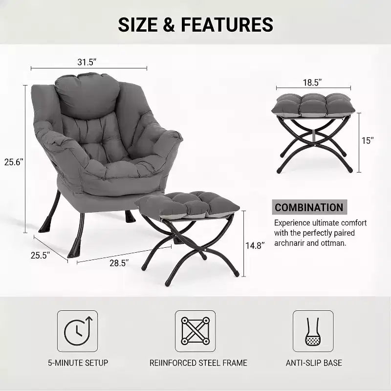 Accent Leisure Armchair with Ottoman, Side Pocket & Armrests – Dark Grey