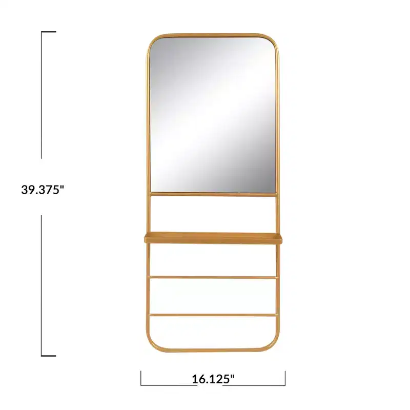 Storied Home Metal Framed Wall Mirror with Shelf and 2 Rods, Gold