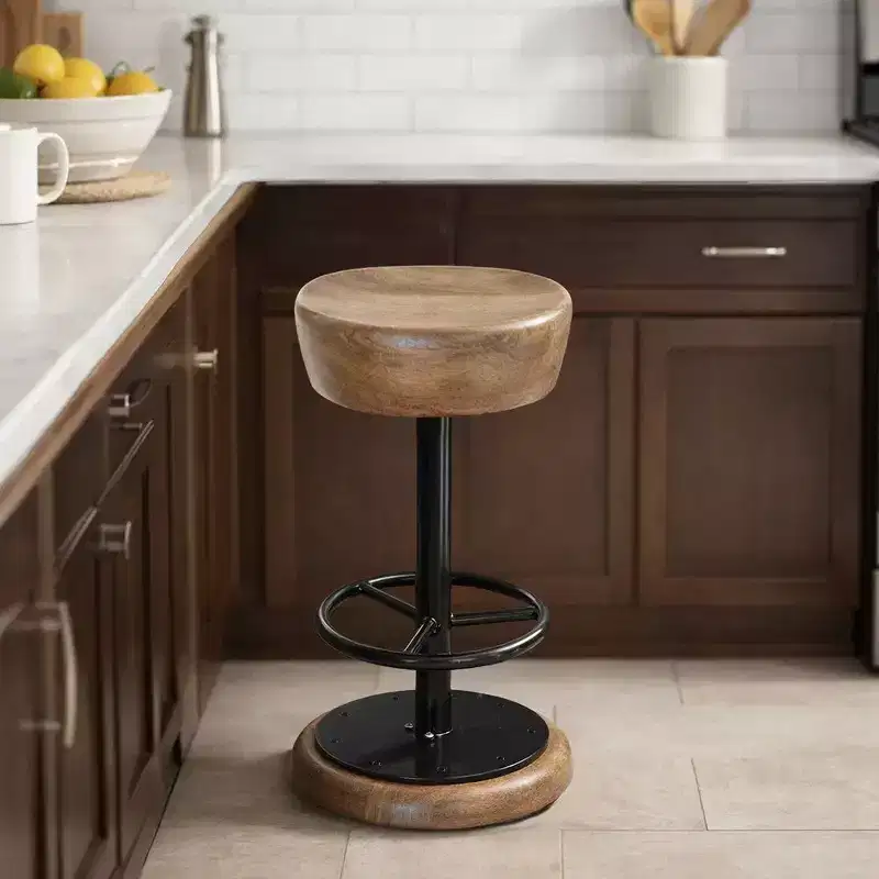 Rustic Swivel Counter Bar Stool 24 Inch, Handcrafted Mango Wood Round Seat, Black Iron Base with Footrest