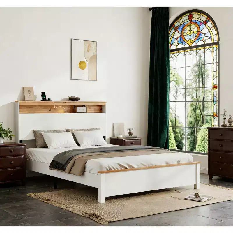 Platform Bed Frame with Charging Station, Storage Headboard & LED Light – Antique White