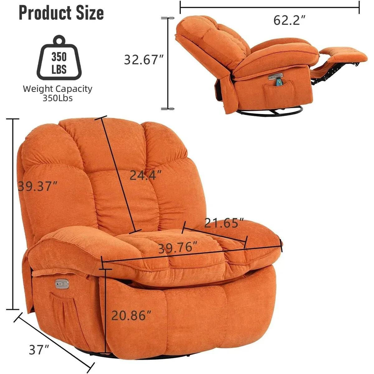 XINMICS Swivel Power Recliner Chair, Massage Rocker Recliners with Heated ,USB, USB-C and Side Pocket