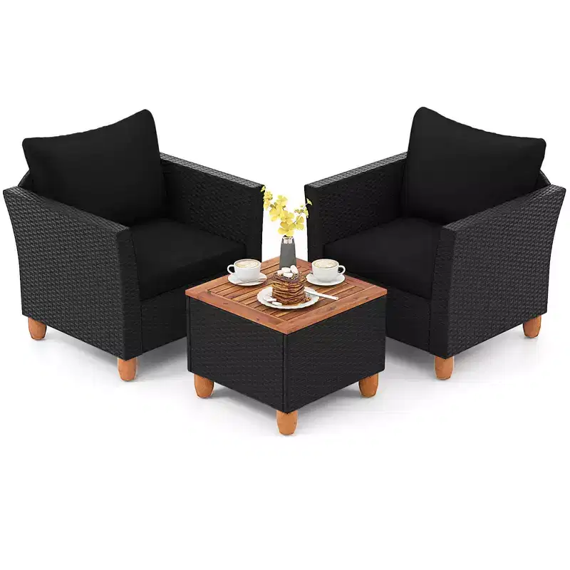 Costway 3 PCS Outdoor Patio Rattan Bistro Furniture Set Wooden Table Top Cushioned Sofa Black Brown