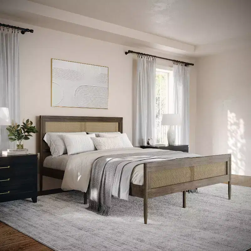 Martha Stewart Jax Solid Wood Platform Bed with Rattan Headboard and Footboard, No Box Spring Required