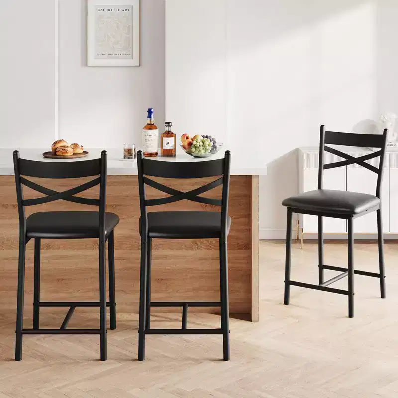 Counter Height Dining Bar Stools 26 Metal Frame Chairs with Ergonomic Straight Back, Thick PU Leather Upholstered Waterproof Cushions