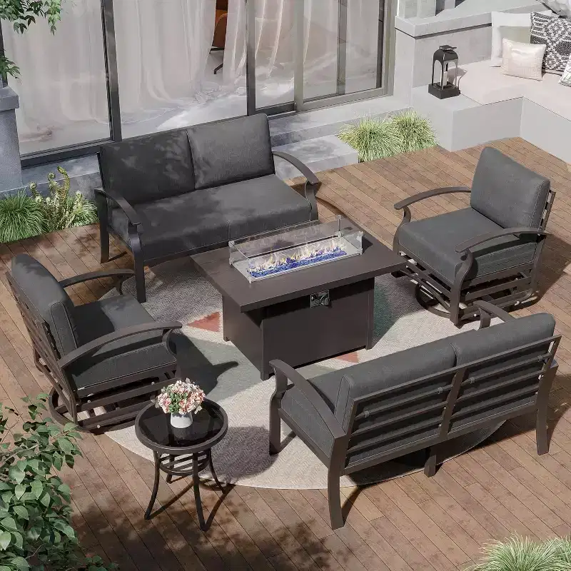 ALAULM Aluminum Patio Furniture Set 6-Seat Modern Metal Outdoor Conversation Sets w/45in Propane Fire Pit Table, Swivel Rocking Chairs
