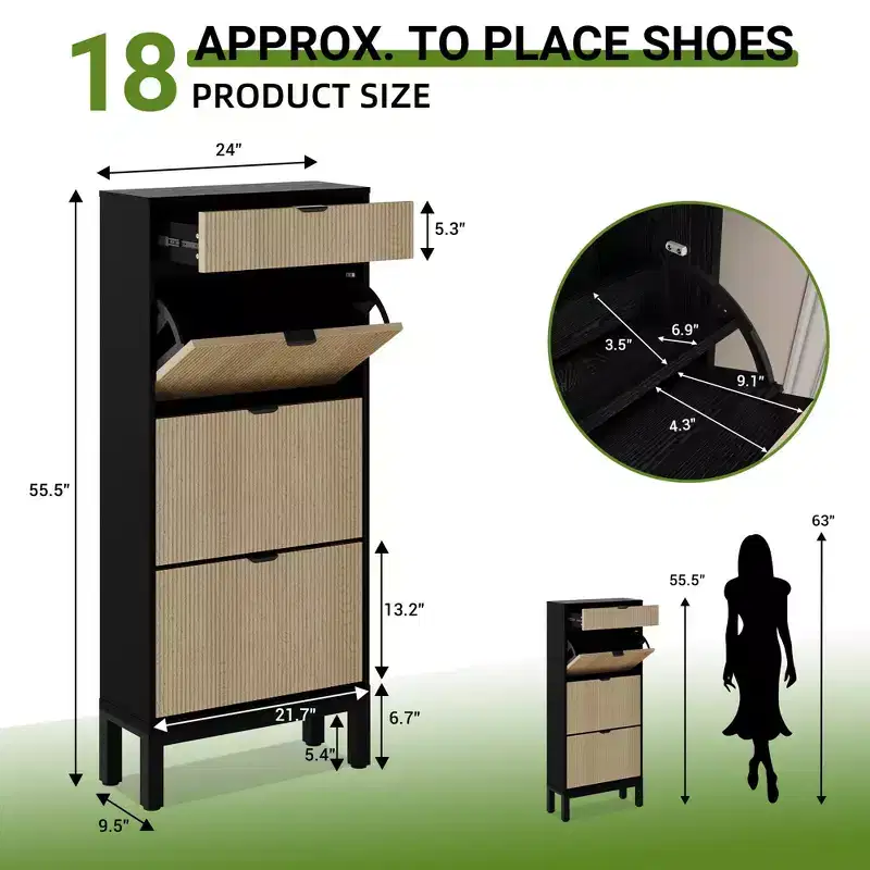 Garvee 3-Drawer Shoe Cabinet - Farmhouse Fluted Design w/Metal Legs, Slim Entryway Organizer for Foyer/Hallway, White+oak/Black+oak/White+grey
