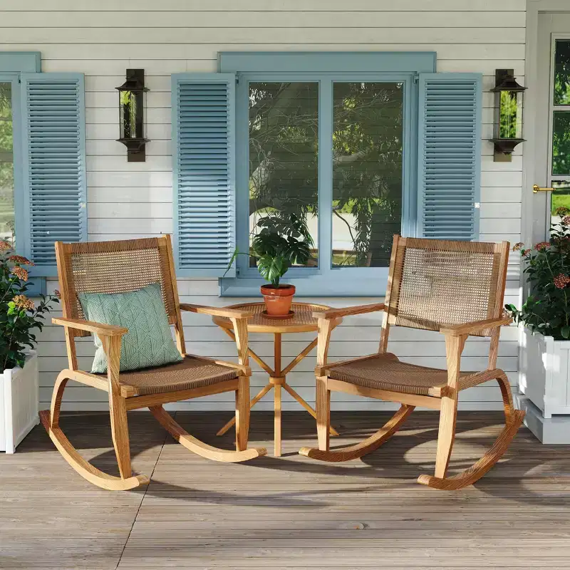 GDFStudio Antonio Patio Modern Acacia Wood Rocking Chair with Wicker Back and Seat (Set of 2)
