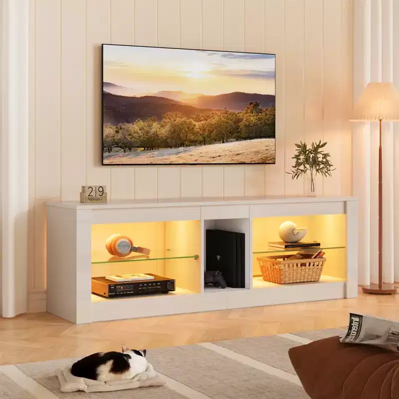 Particle Board TV Stand with Glass Shelves 18.5''H x 55.12''W x 13.78''D