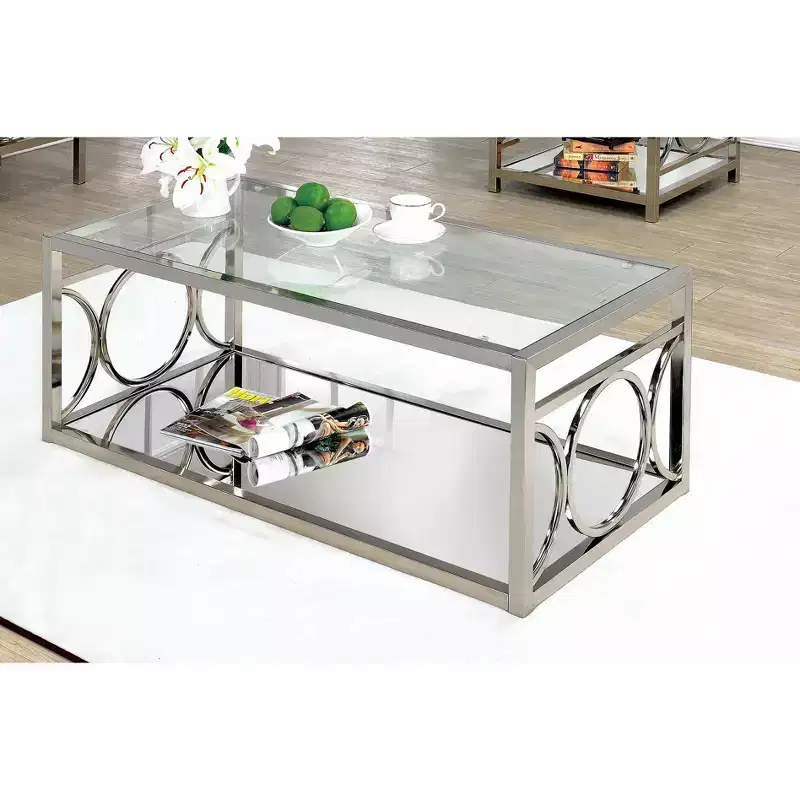 HOMES: Inside + Out Nora Coffee Table Chrome: Contemporary Silver Metal Frame, Clear Tempered Glass, Storage Shelf, 4-Point Base