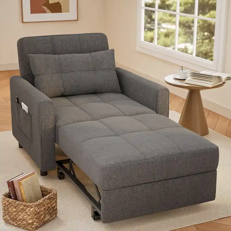 Pull-Out Sofa Bed Sleeper Chair, Convertible Adjustable Foldable Upholstered Lounge Couch