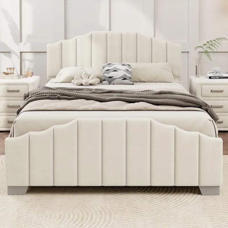 Full/Queen Velvet Platform Bed with Tufted Headboard & Footboard – Beige
