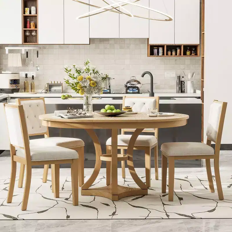 Merax Stylish 5-Piece Retro Dining Set with Extendable Round Table & 4 Upholstered Chairs
