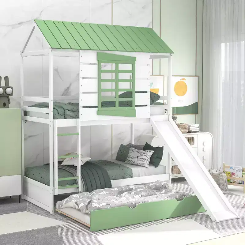 Twin over Twin Size House Bunk Bed with Convertible Slide and Trundle, Wood Playhouse Bed Frame for Kids Boys Girls Teens, White
