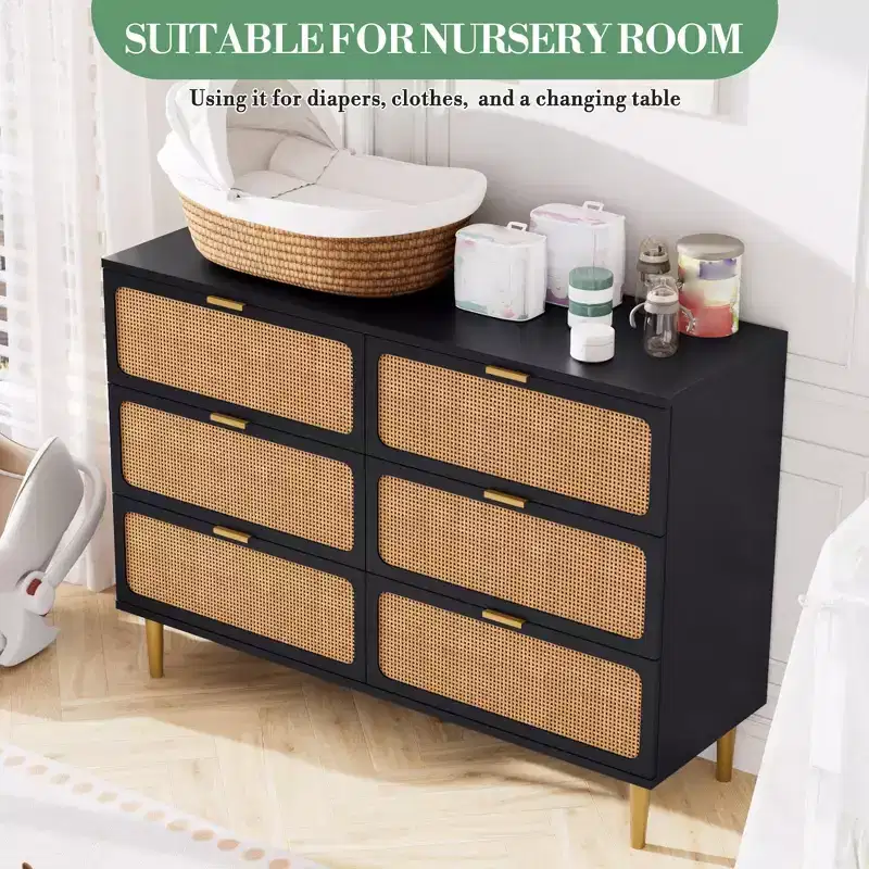 Rattan Dresser with 6 Drawers, Tall Wooden Chest with Wide Top for Bedroom, Living Room, Hallway, Black